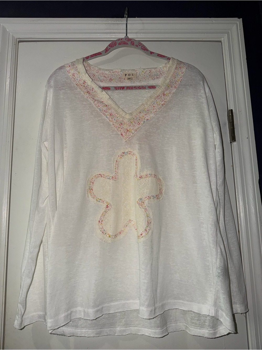 POL White Long-Sleeve V-Neck Top with Floral Trim and Appliqué